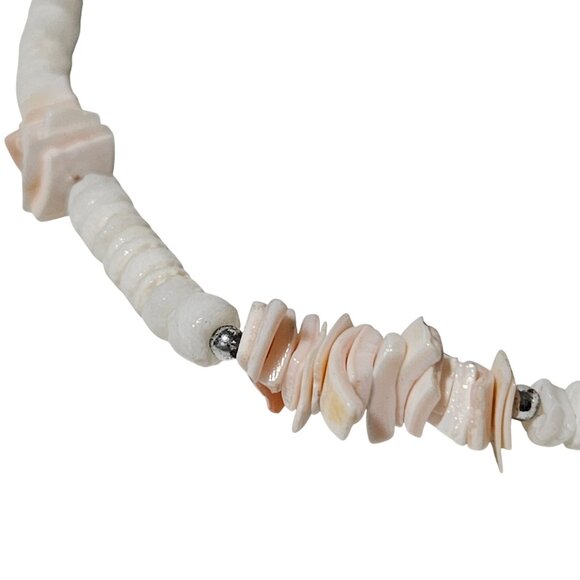 Boho White Pink Shell Heishi Bead Necklace Silver Accents Beach Core Vacation - Picture 2 of 5